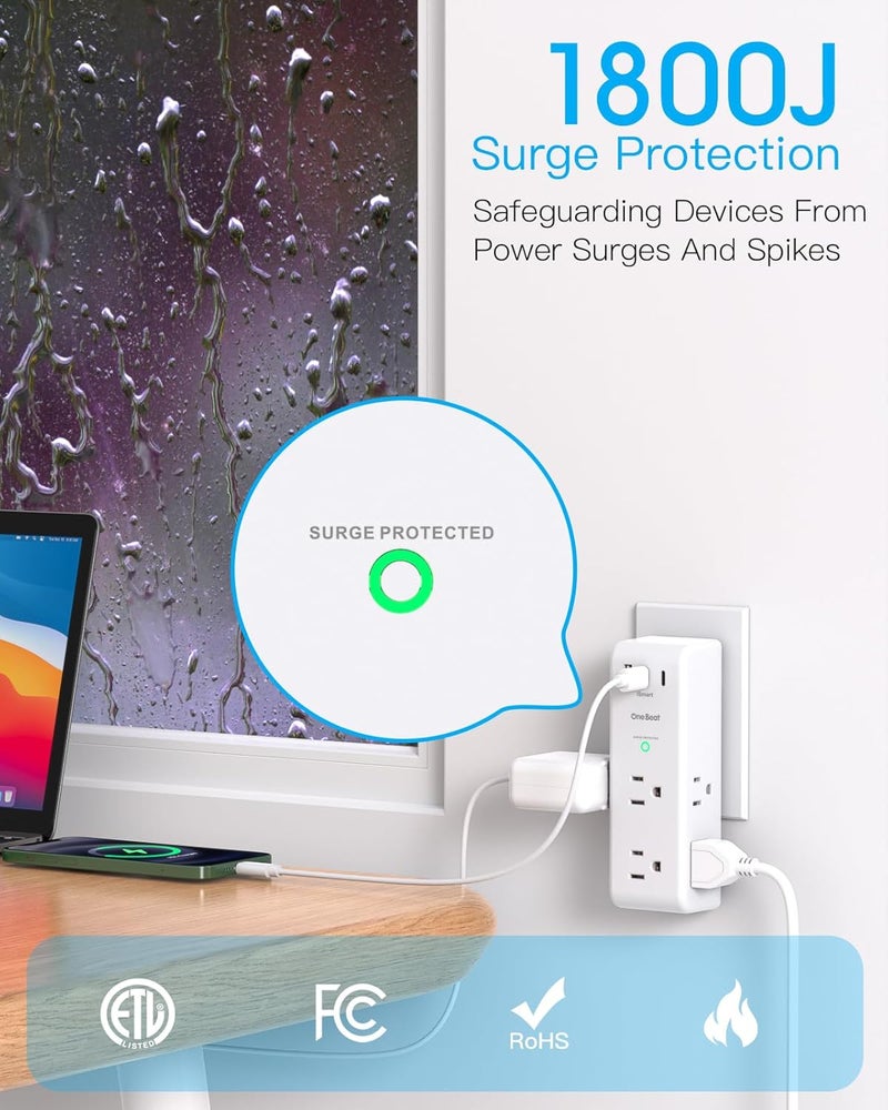 One Beat Surge Protector Outlet Extender with Rotating Plug, 6 AC Multi Plug Outlet with 3 USB Ports (2 USB C), 1800 Joules, 3-Sided Swivel Power Strip with Spaced Outlet Splitter for Home, Office, Dorm, White - Image 5